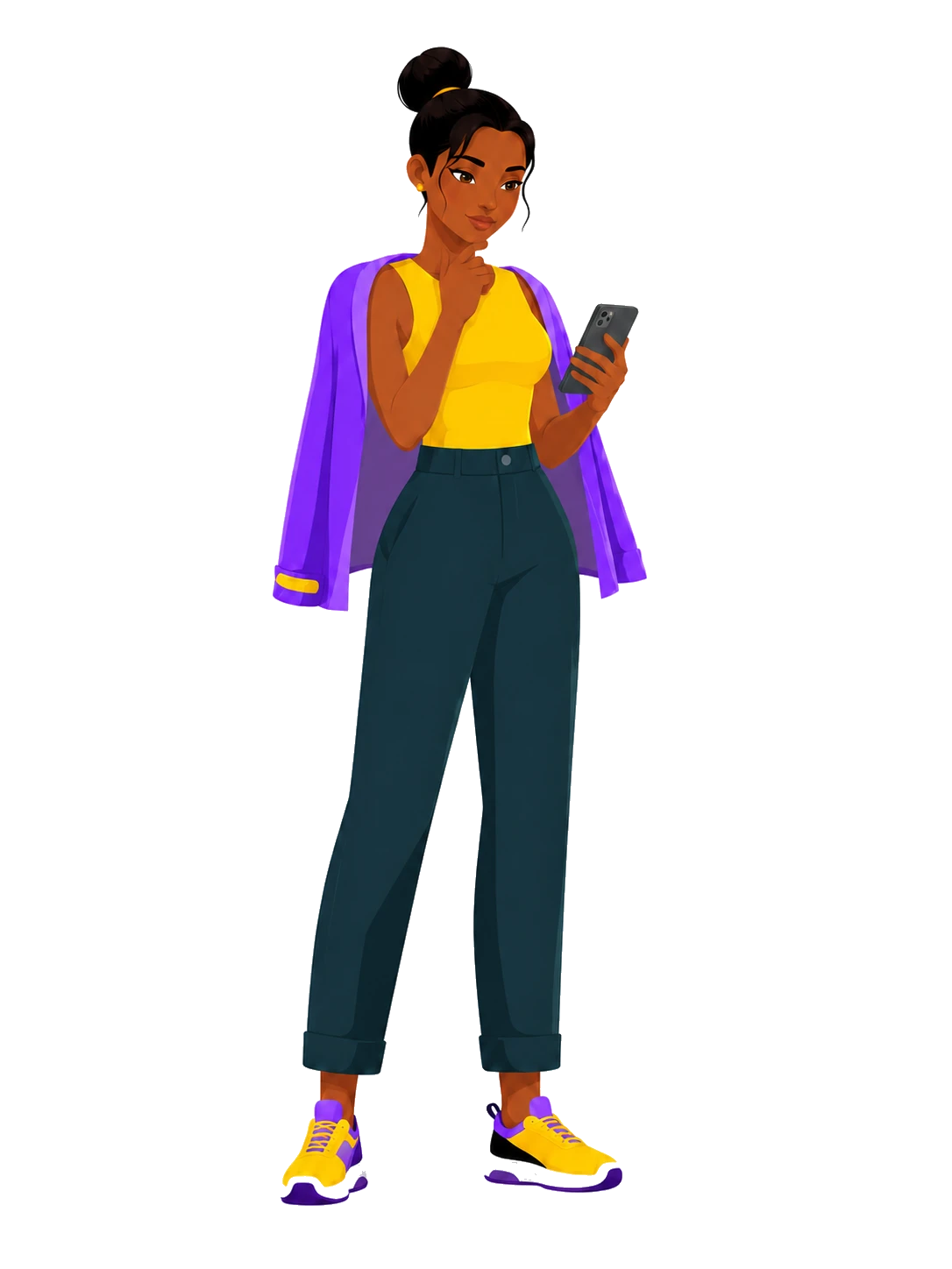 Personnage QPUC qui réfléchit devant son téléphone