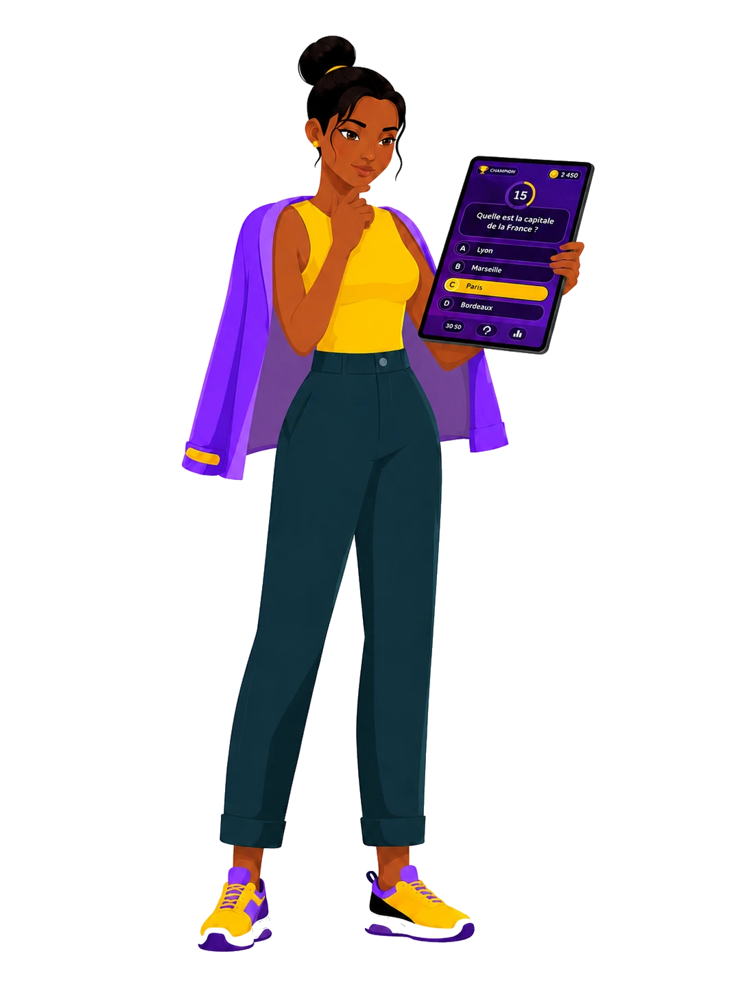 Personnage QPUC qui consulte une question sur tablette