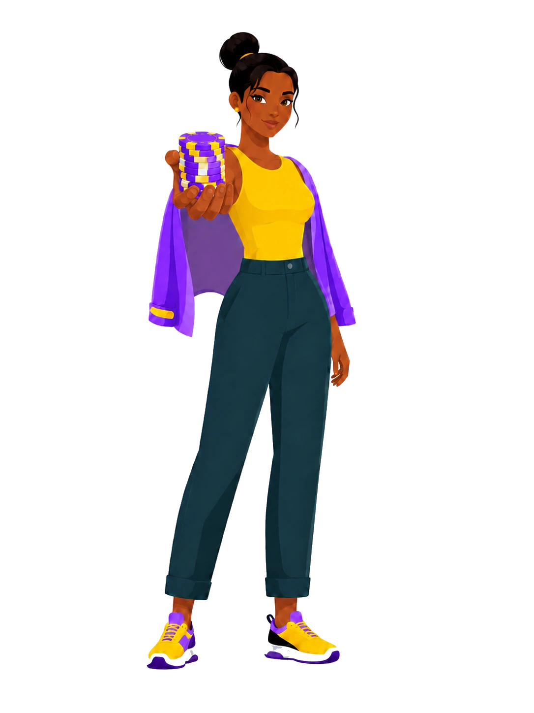 Personnage QPUC qui présente une pile de jetons